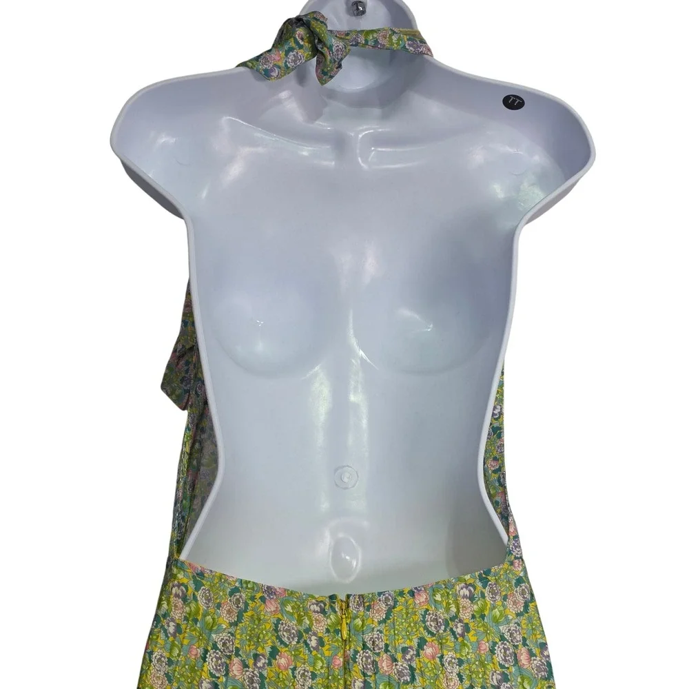 ByTiMo Plisse Pleated Halterneck‎ Maxi Dress In Green Garden Open Back  Large